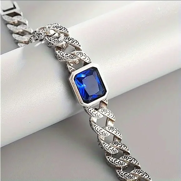 Stainless Steel Sapphire Chain Link Bracelet, Curb Engraved